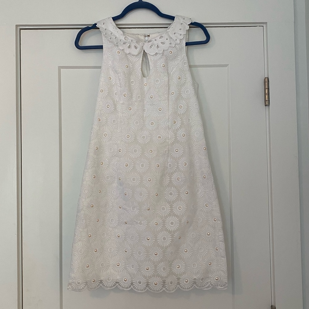 White Lilly Pulitzer Dress with collar and pearl embellishments